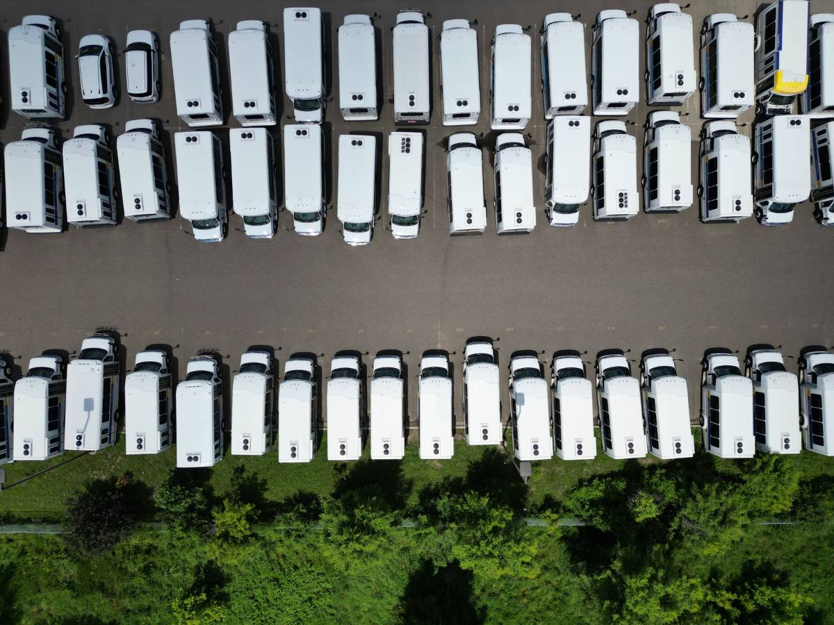 Rows of clean white work vans lined up in a fleet lot
